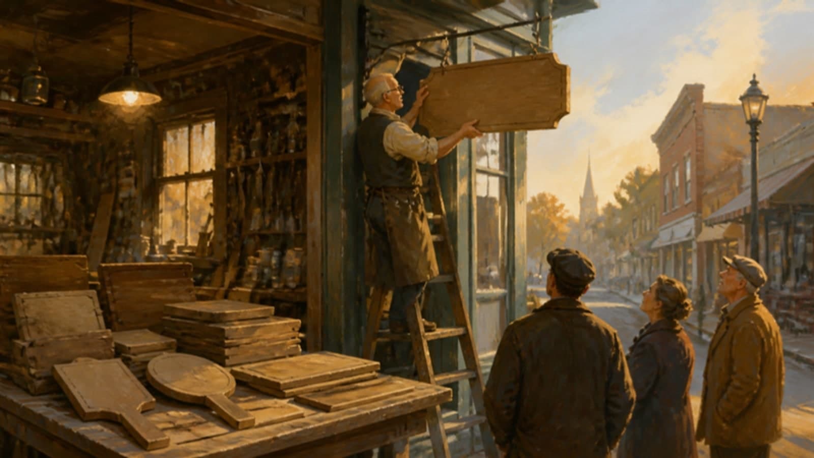 Pintura: al amanecer, un ferretero mayor sube a una escalera para colgar sobre la puerta una sola tabla de madera en blanco, mientras los vecinos miran desde la calle