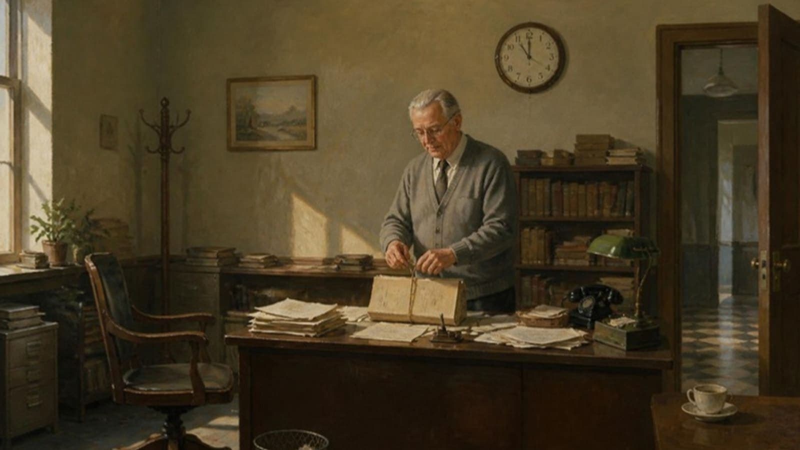 Pintura: en una oficina vacía, un bibliotecario ata en un solo legajo la pila de papeles del escritorio antes de que suene la hora