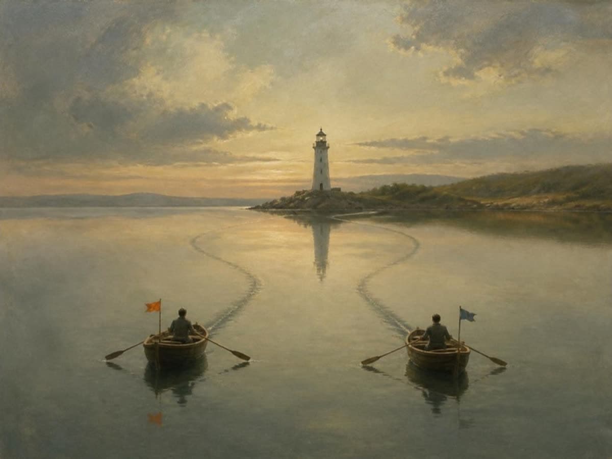 Pintura: dos botes iguales reman hacia el mismo faro por caminos distintos