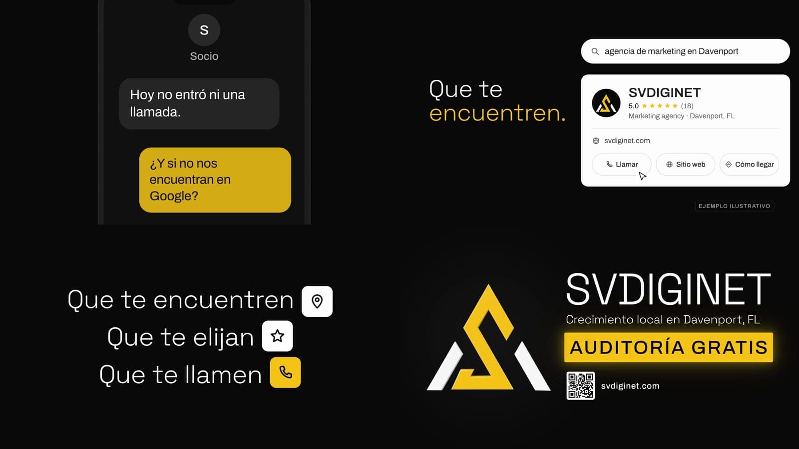 Four frames of the SVDIGINET video: a chat saying no calls came in, a local search with the SVDIGINET profile and an Illustrative example label, the lines Get found, Get chosen, Get called in Spanish, and the closing card with the logo, Free audit and a QR code