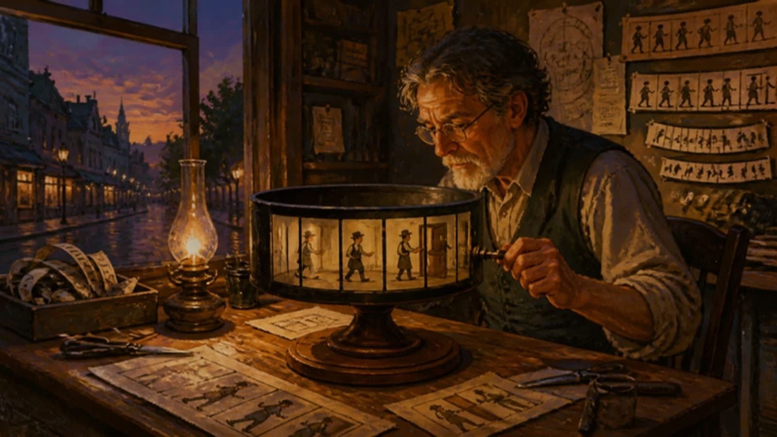 Painting: at dusk, an older animator spins a zoetrope in his small-town workshop and the painted figures inside seem to walk