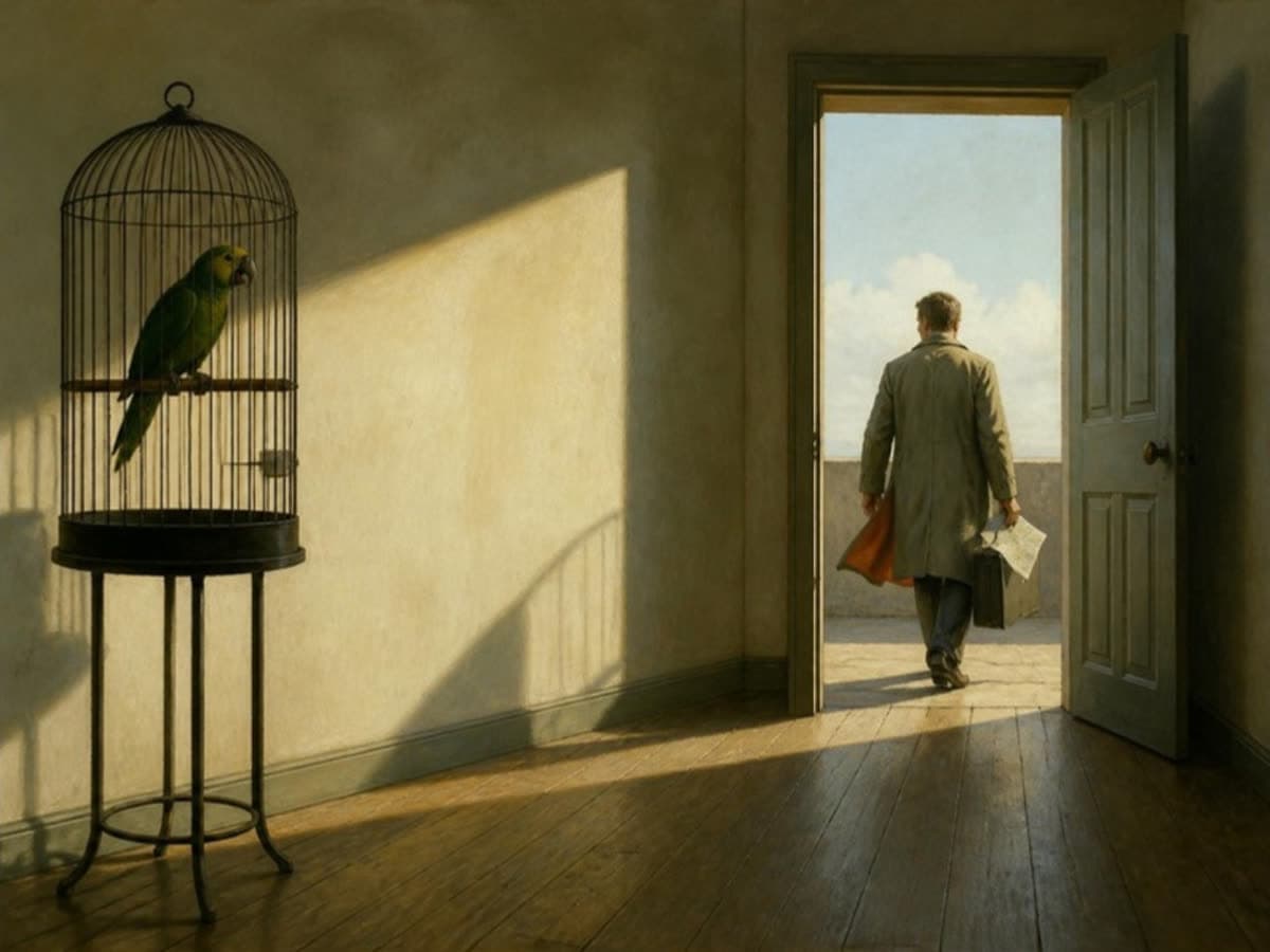Pintura: un loro repite en su jaula mientras una persona sale por la puerta con un mapa a hacer el trabajo