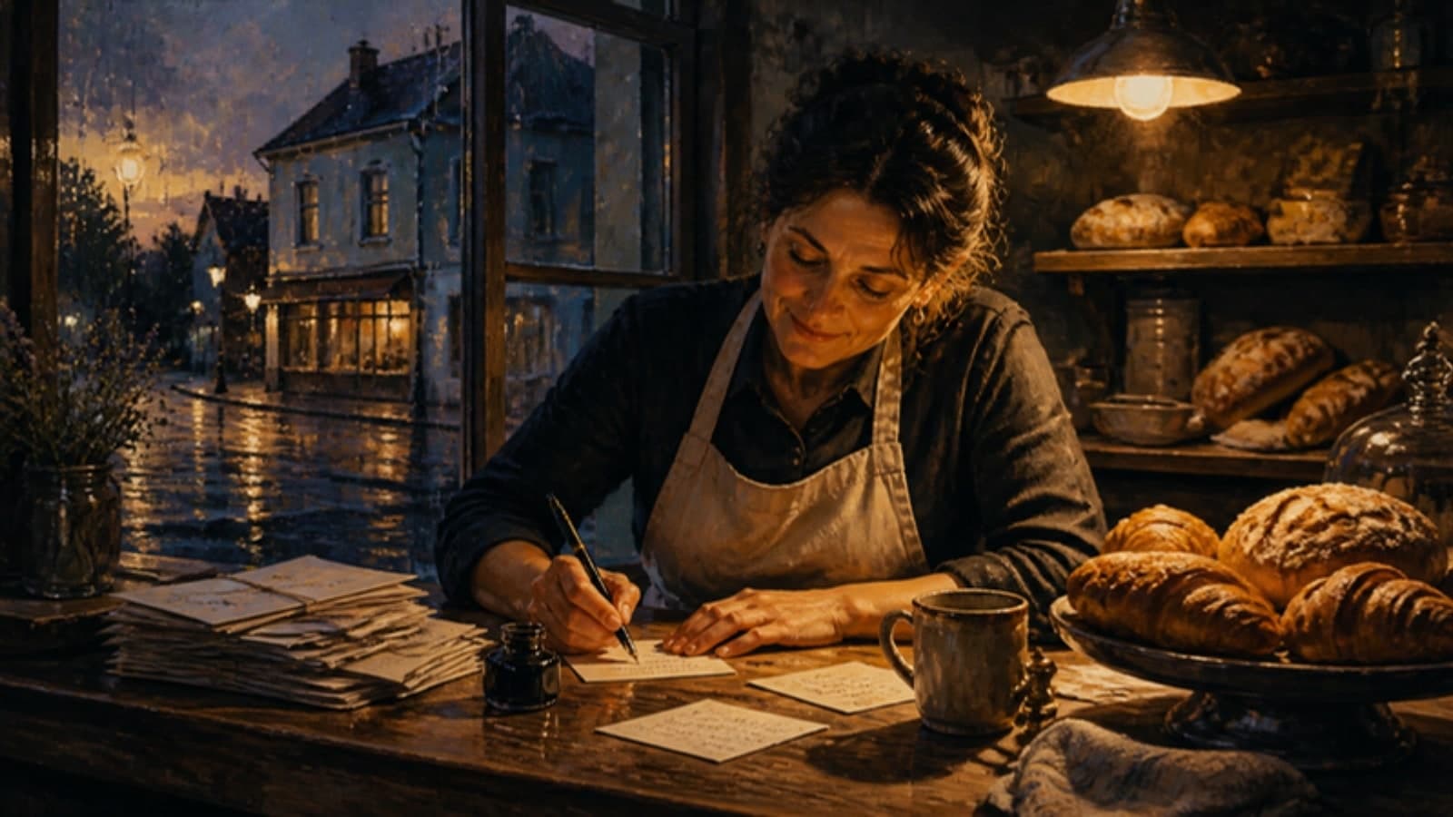 Pintura: al anochecer, la dueña de una panadería de barrio escribe a mano una respuesta en una tarjeta, junto a una pila de cartas de clientes y panes en los estantes