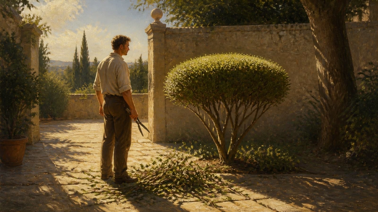 Pintura: un jardinero poda un arbusto enredado en un patio al sol y deja en pie una sola forma limpia, con las ramas cortadas a sus pies