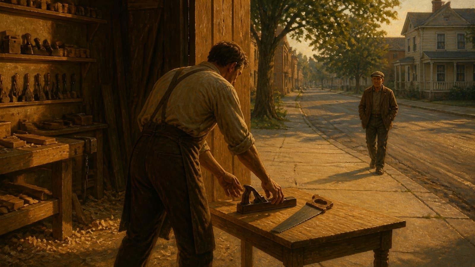 Pintura: un carpintero deja abierta la puerta de su taller y pone dos herramientas sobre una mesa en la acera para que los vecinos las usen
