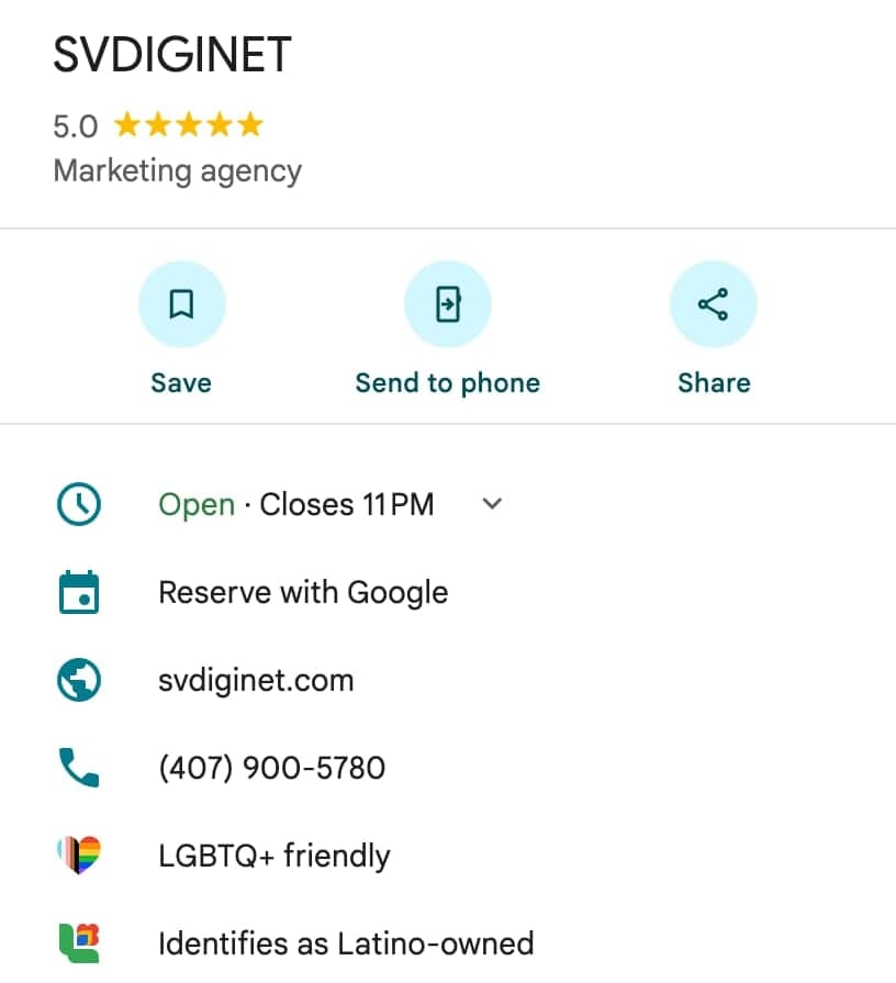 Perfil de SVDIGINET en Google Maps: 5.0 estrellas, agencia de marketing, abierto, sitio svdiginet.com, teléfono, e identificado como negocio latino